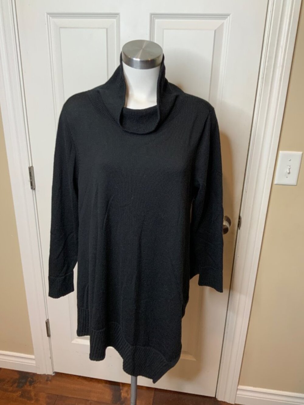 Eileen Fisher Black Merino Wool Cowl Neck Sweater W/ Ribbed Hem, Size L